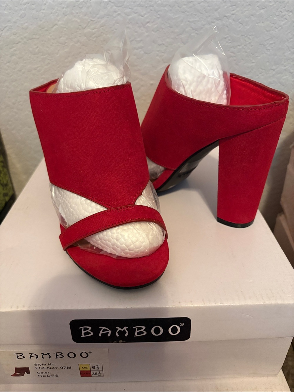 Bamboo Red Suede High Block Heel Mules